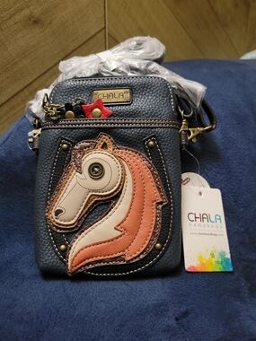 Chala Cell Phone Crossbody Bag with Horse Applique in Tan and Brown